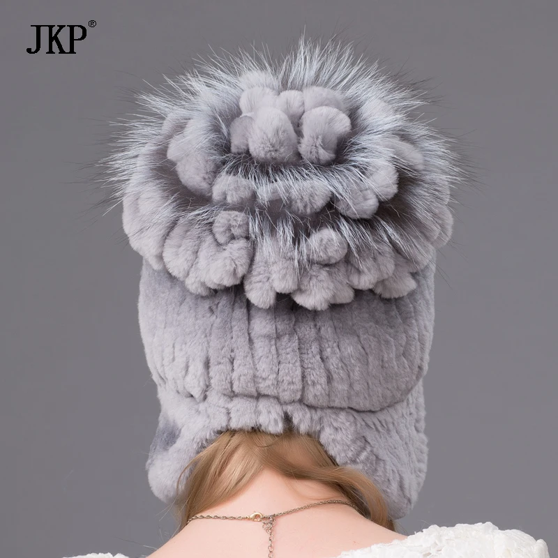 Women Natural Rex Rabbit Fur Hat Winter Warm Thick Knit Real Fox Cap Female New Ear Protection Hat Free THY-38