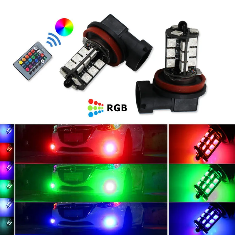 JX-LCLYL 2pcs RGB Wireless Control H11 27LED Decoration DRL Fog Light Bulbs+Remote