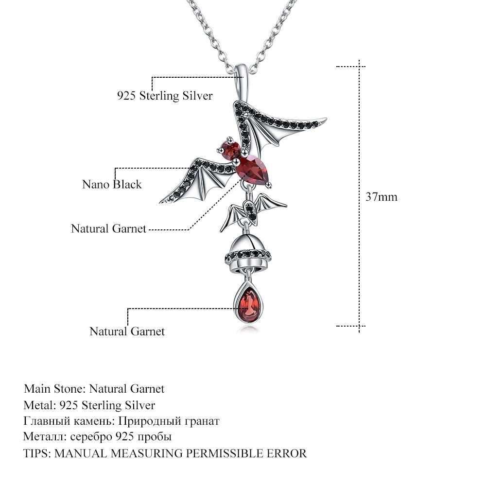 GEM\'S BALLET 925 Sterling Sliver Bat Shape Natural Garnet Gemstone Vintage Gothic Punk Pendant Necklace For Women Party Jewelry