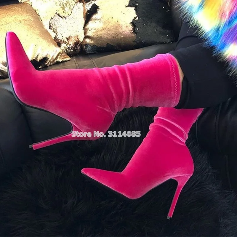 New Year Gift Women Sexy Fuchsia Velvet Ankle Boots Stiletto Heels Luxurious Pointed Toe Short Booties Gladiator Dress Shoes