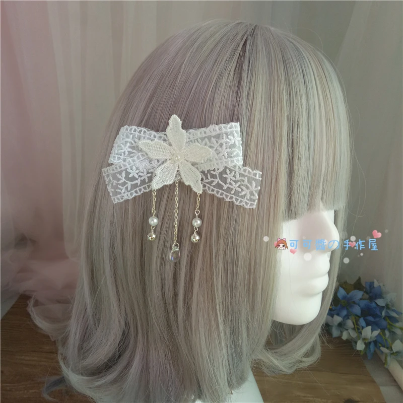 Banda para el pelo de lolita para niña, accesorio para el cabello con adorno de corazón, lazo de encaje, clip lateral, hecho a mano