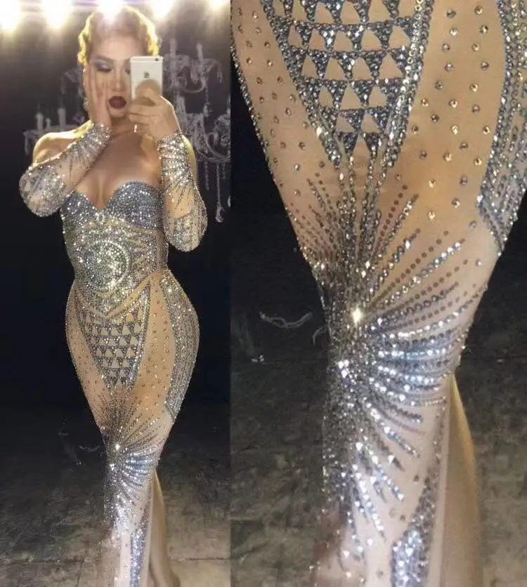 

Super Sparkly Rhinestone Long Dress Sexy Silver Glisten Crystals Costume Evening Birthday Celebrate Dress Wear Luxurious Outfit