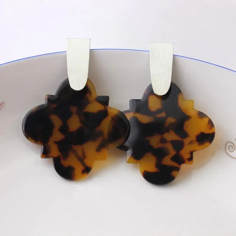 ZWPON Fashion  Quatrefoil Acrylic Resin Clover Dangle Earrings For Women Girls Geometry Big Quatrefoil Tortoise Shell Earrings