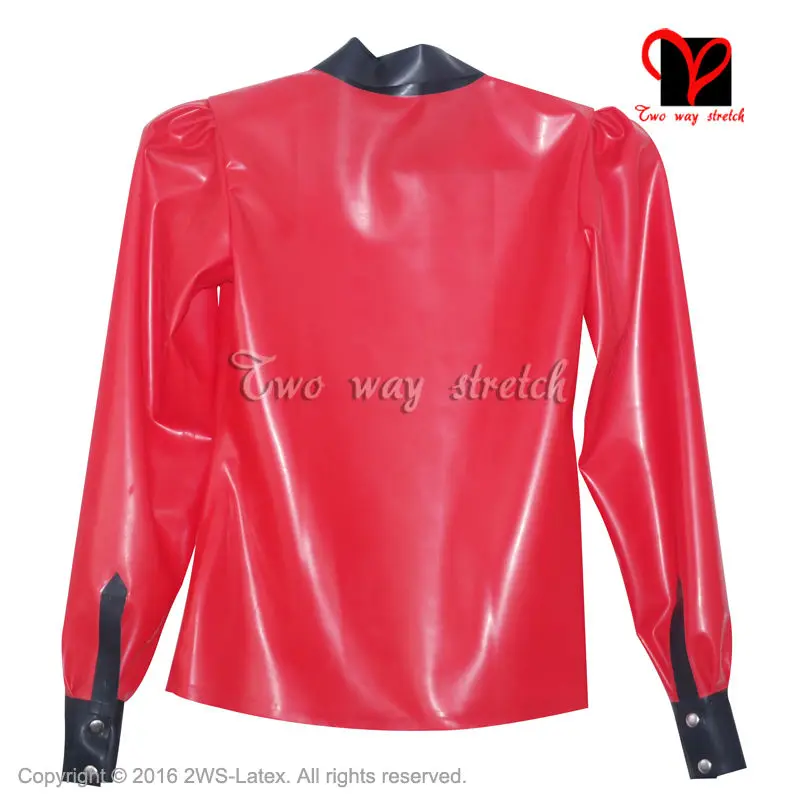 Sexy Rode School Mistress Latex blouse lange mouw Rubber uniform overhemd top Gummi kleren kleding plus size XXXL SY-027