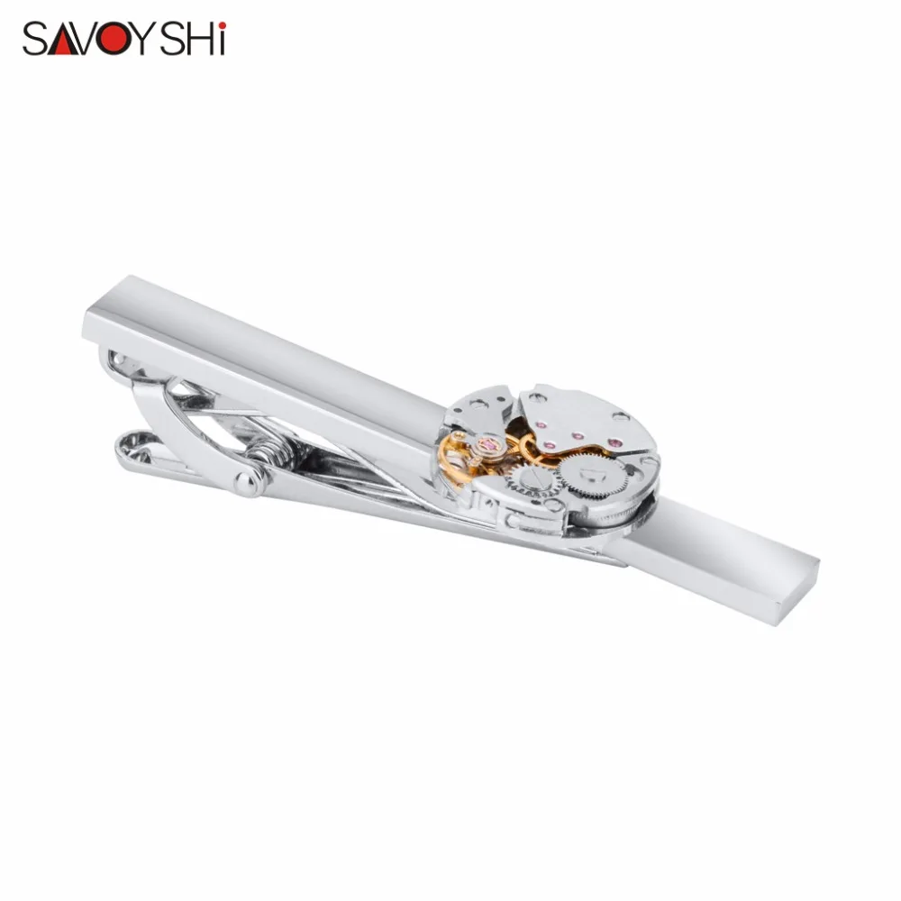 SAVOYSHI Fashion Steampunk Men's Tie Clip Vintage Watch Movement Tie Clasp Tack Silver color Personality Men Jewelry