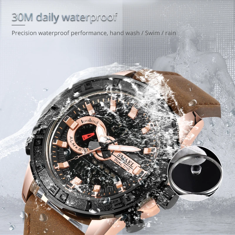 SMAEL Military Men Sport Watches Fashion Quartz Clock 30M Waterproof stopwatch Relogio Masculino SL-1411 Leather LDE Wristwatch