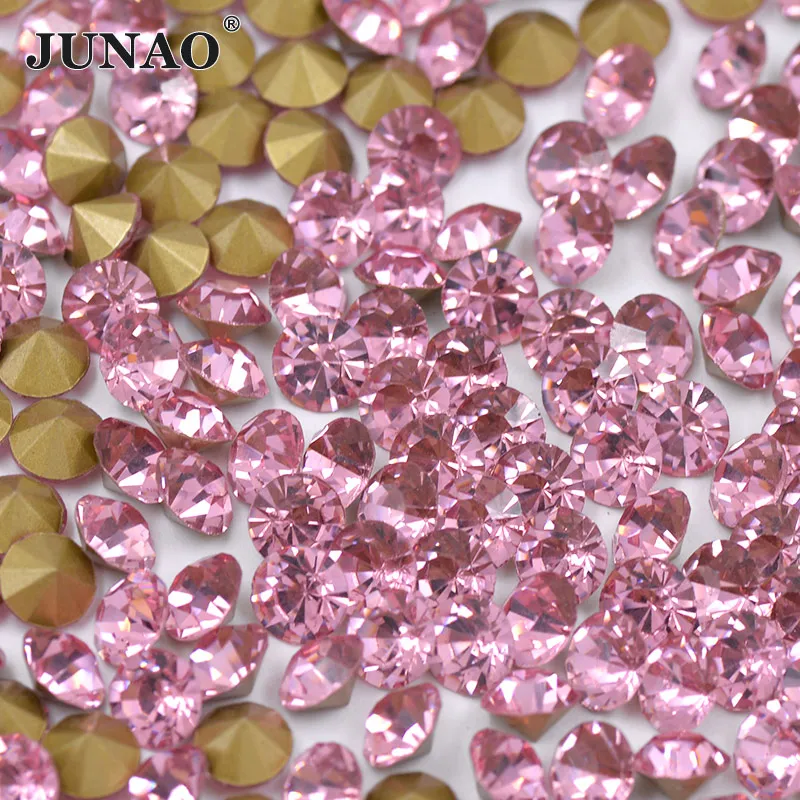 JUNAO ss6 8 10 12 16 20 30 Pink Color Point Glass Rhinestones Round Nail Art Decoration Crystals Stones Point Back Glass Strass