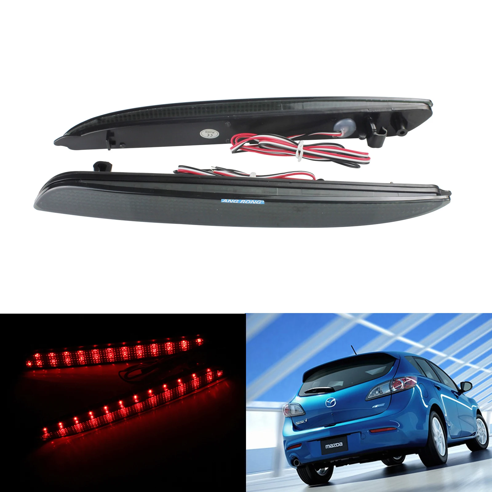 ANGRONG 2x Black Lens Rear LED Bumper Reflector Tail Stop Brake Light Lamp Black Lens For Mazda 3 2004-09