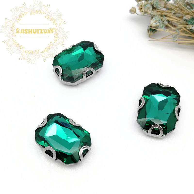 Malachite Green Rectangle Shape Glass Rhinestones With silver D Claw Sew On Crystal Stone Strass Diamond Metal Base Buckle