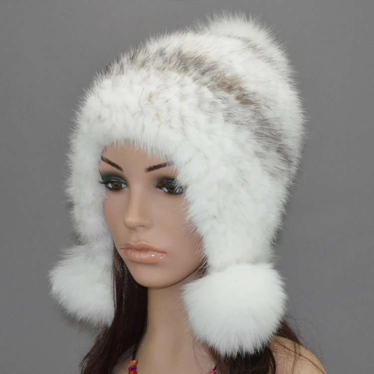 fur hats for women eaflap hat with natural mink /fox /raccoon fur autumn Winter warm ear protector cap knitted mink beanie H922