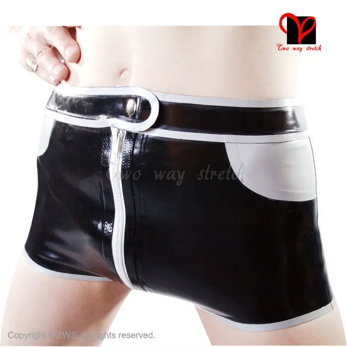 

Sexy Latex boxer shorts zipper fly false pockets buttons Rubber panties thongs Hotpants hot pants Bermuda bottoms KZ-008