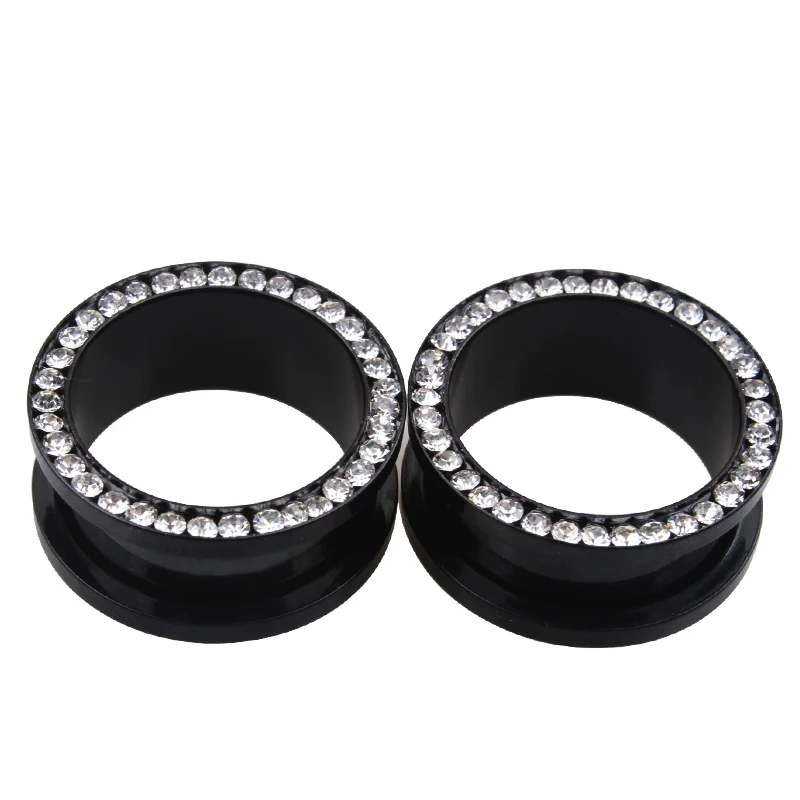 2pcs Full Crystals Inset Ear Plugs Tunnels Stainless Steel Ear Gauges Black Gold Color Screw Flesh Ear Expander Piercing Oreja