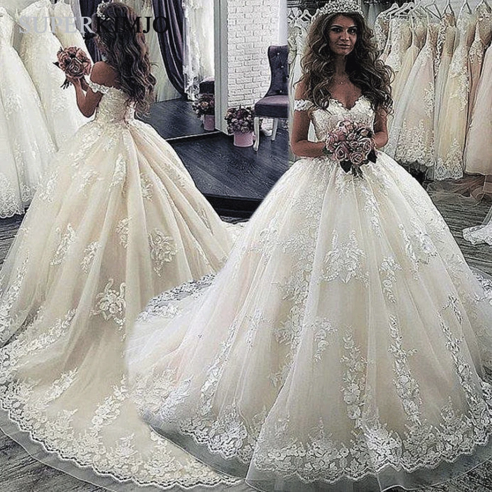 

SuperKimJo Vestido De Noiva 2020 Lace Applique Ball Gown Wedding Dresses Off the Shoulder Ivory Princess Wedding Gowns