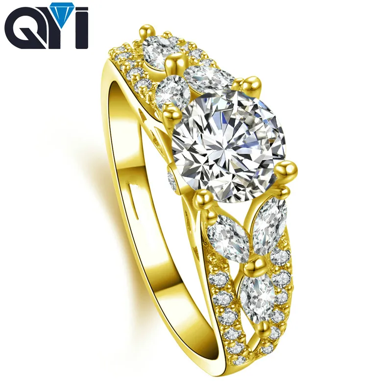 

QYI Luxury 14K Solid Yellow Gold Jewelry Vintage Style Round Cut Moissanite Diamond Rings Wedding For Women Jewelry