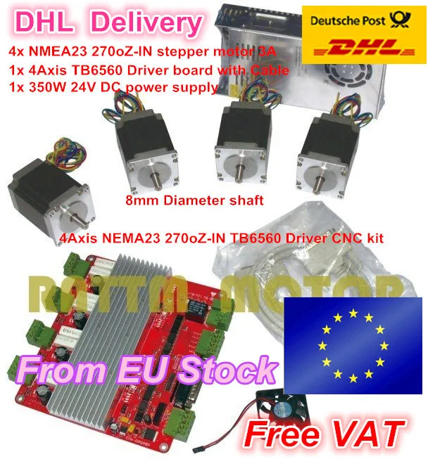 

From EU/free VAT 4 NEMA23 270oz-in 1.8N stepper motor 3A & 4 axis TB6560 controller driver board for CNC Router Engraving