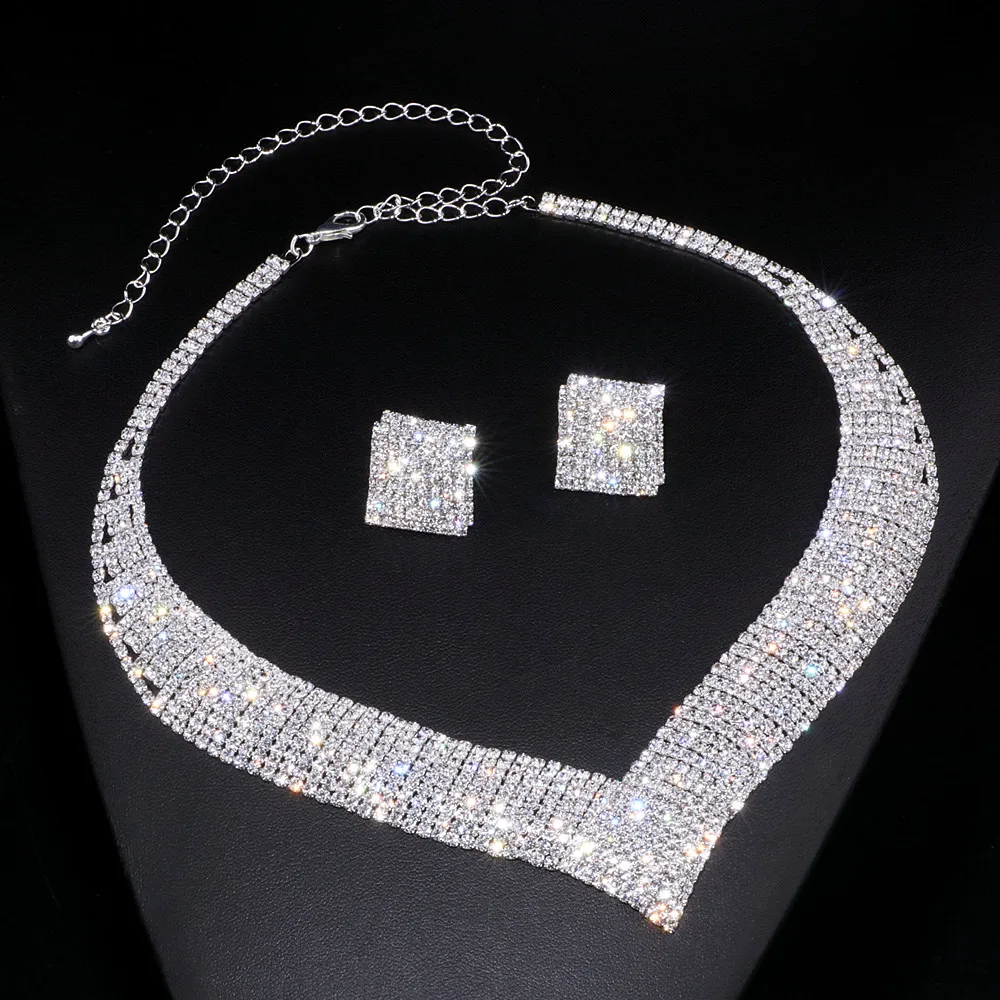 2023 New Luxury Classic Crystal Wedding Jewelry Sets for Women Clear Geometric Rhinestone Necklace Set Bridal Engagement Jewelry