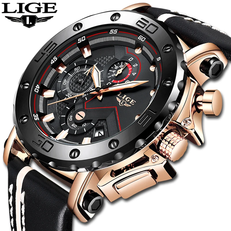 2023LIGE New Fashion Mens Watches Top Brand Luxury Big Dial Military Quartz Watch Leather Waterproof Sport Chronograph Watch Men