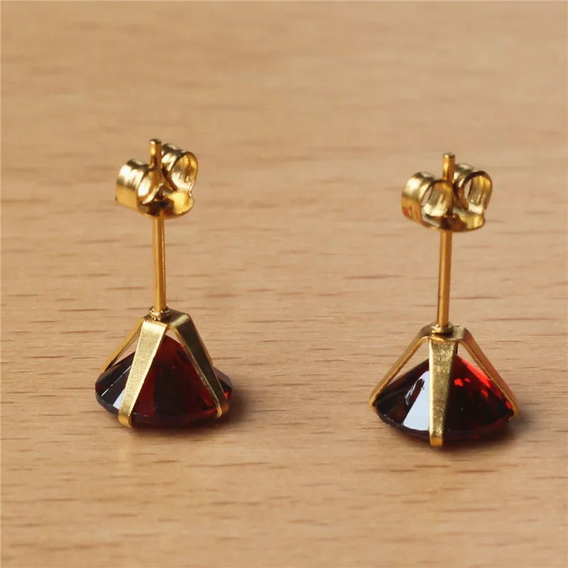 Stainless Steel Gold-color Vacuum Plating With 8mm Round AAA Pomegranate Red Zircon Stud Earrings 201903011428