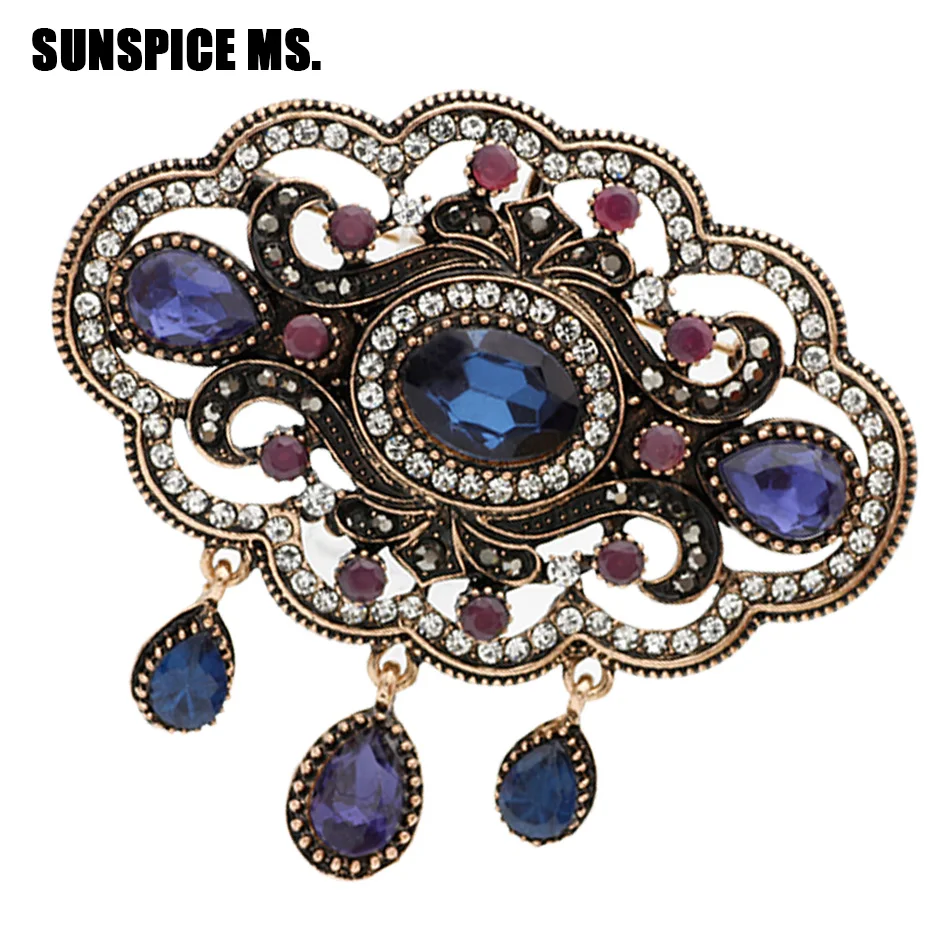 Sunspicems Elegent Round Flower Turkish Brooch For Women Ethnic Caftan Corsage Bride Wedding Jewerly Indian Bohemia Broches Pins