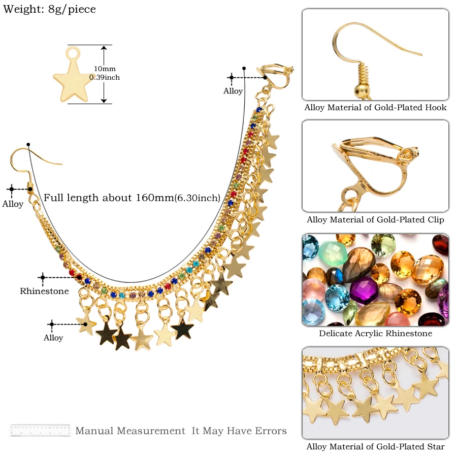 Indian Golden Star Dangle Earrings for Women Girl's Nose Accessories Ethnic Sexy Crystal Chain Drop Clip Earring Fashion Jewelry