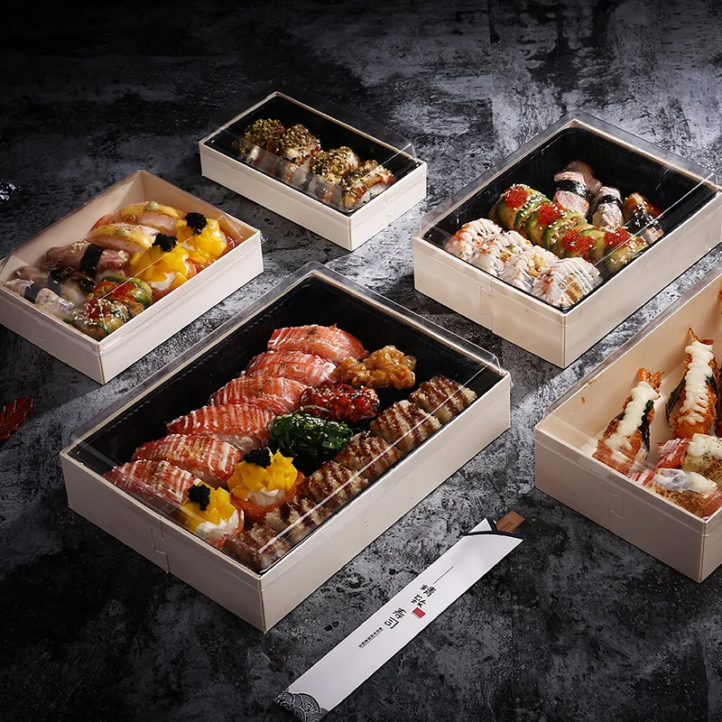 Disposable Tray Wood Lunch Box Packing Box Sushi Case Wrapping Food Container Sashimi Tempura Foldable Wood Boxes Packing Tools