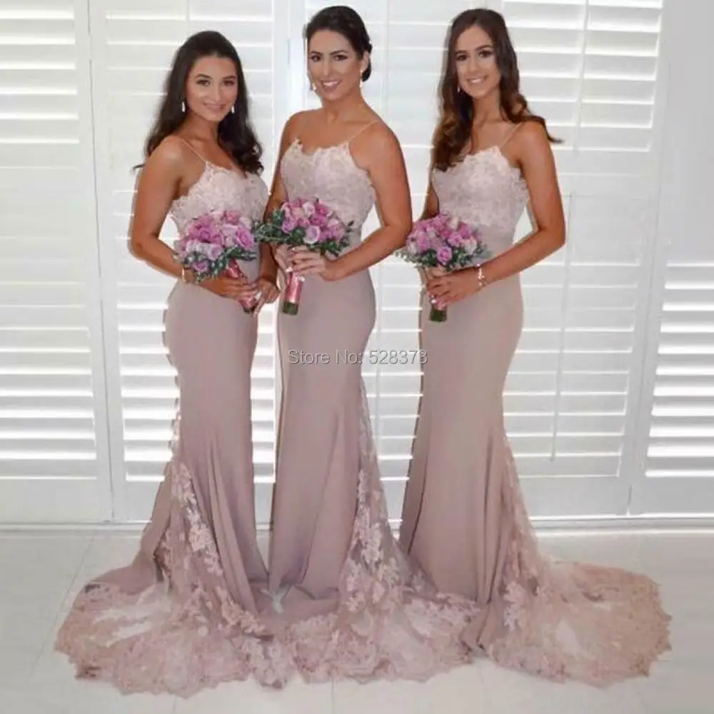 

YNQNFS BD29 Elegant Nude Pink Satin See Through Skirt Straps Mermaid Bridesmaid Dresses Long