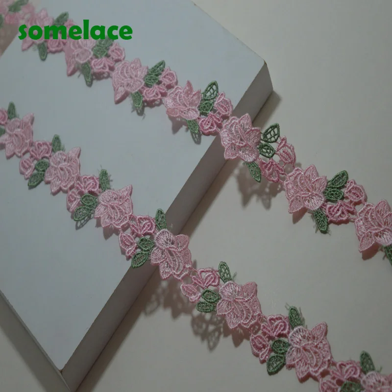 5Yds/lot 3.5cm Pink Floral Green Leaf  Wavy High quality Venise Lace Venice Trim For Garments And Wedding