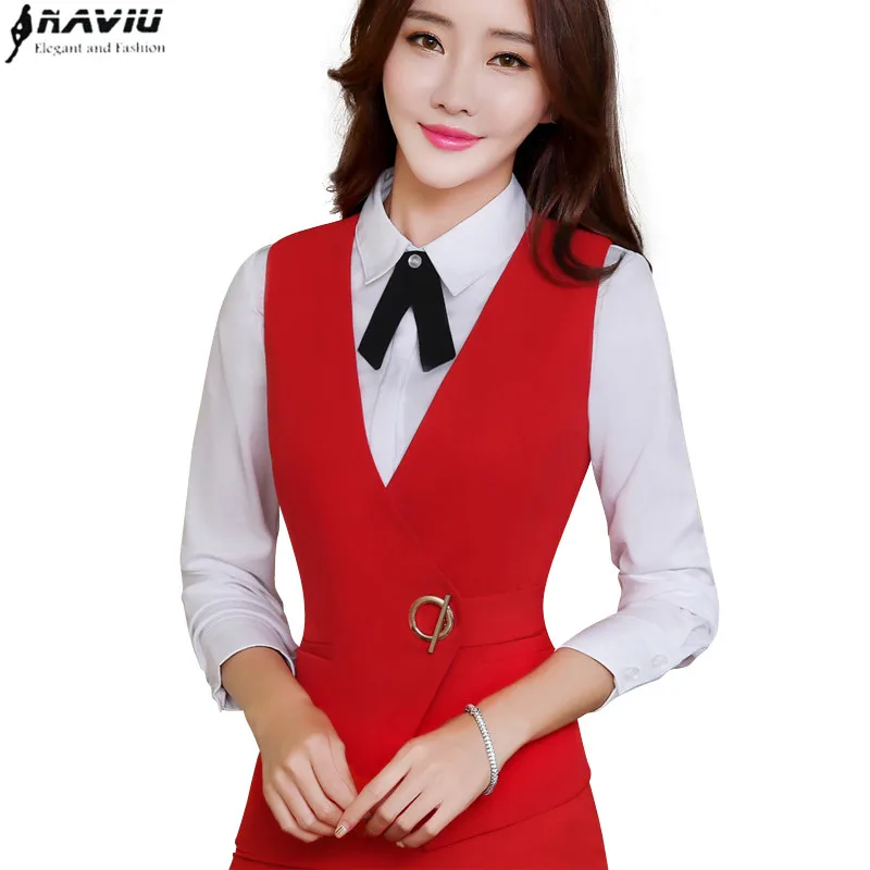 Naviu High Quality Tops Business Women Vest Work Wear Uniforms Slim V Neck Metal Buttons Formal Office Ladies Interview Coat