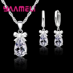 925 Sterling Silver Women Water Drop Austrian Crystal Pendants Necklace Earrings Jewelry Set For Wedding Engagement Gift