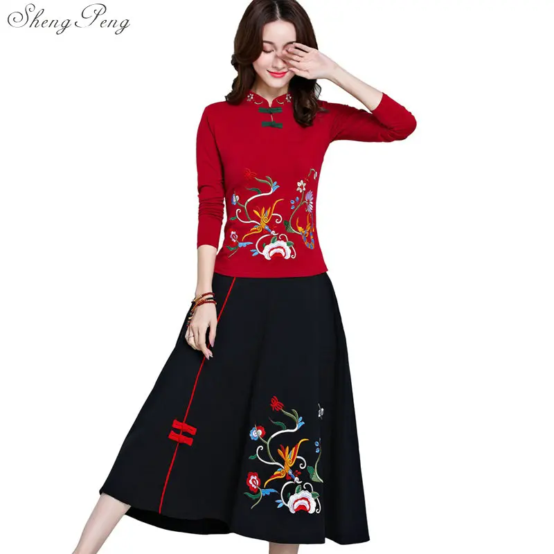 Chinese oriental women two piece set spring fall pantsuit women vintage floral print elegant ladies skirt suit Q458