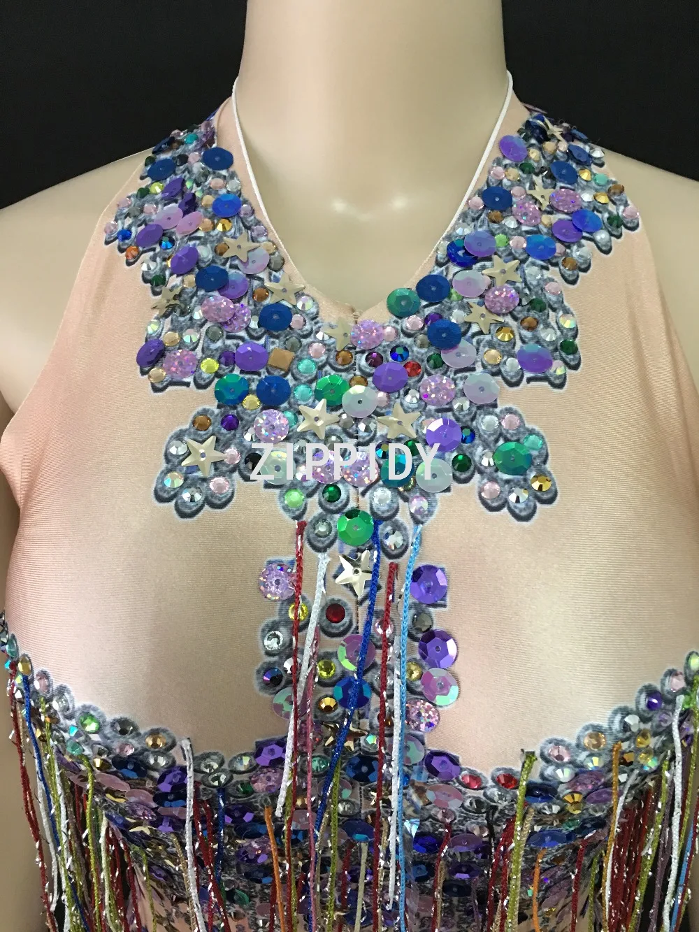 Traje de escenario de baile de cumpleaños para mujer, traje de baile de club nocturno, traje de espectáculo de cantante femenino, flecos Multicolor, diamantes de imitación brillantes, body