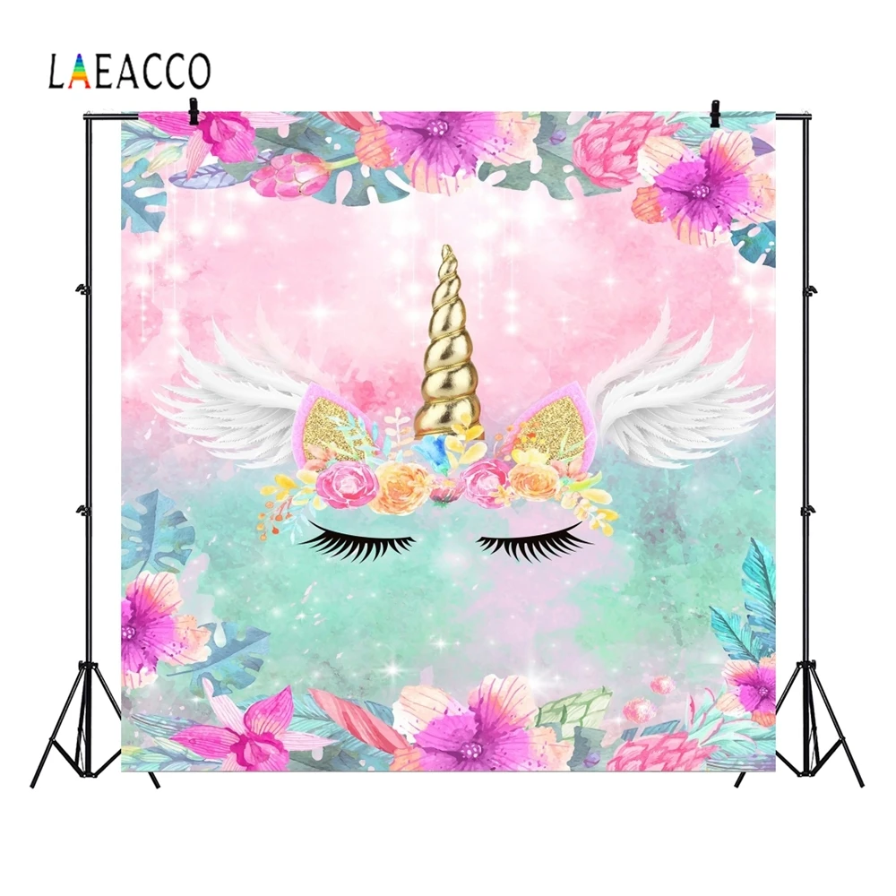 Laeacco Unicorn Photo Background Tropical Flowers Leaves Wings Glitters Newborn Baby Photography Backdrop Birthday Photophone image 2