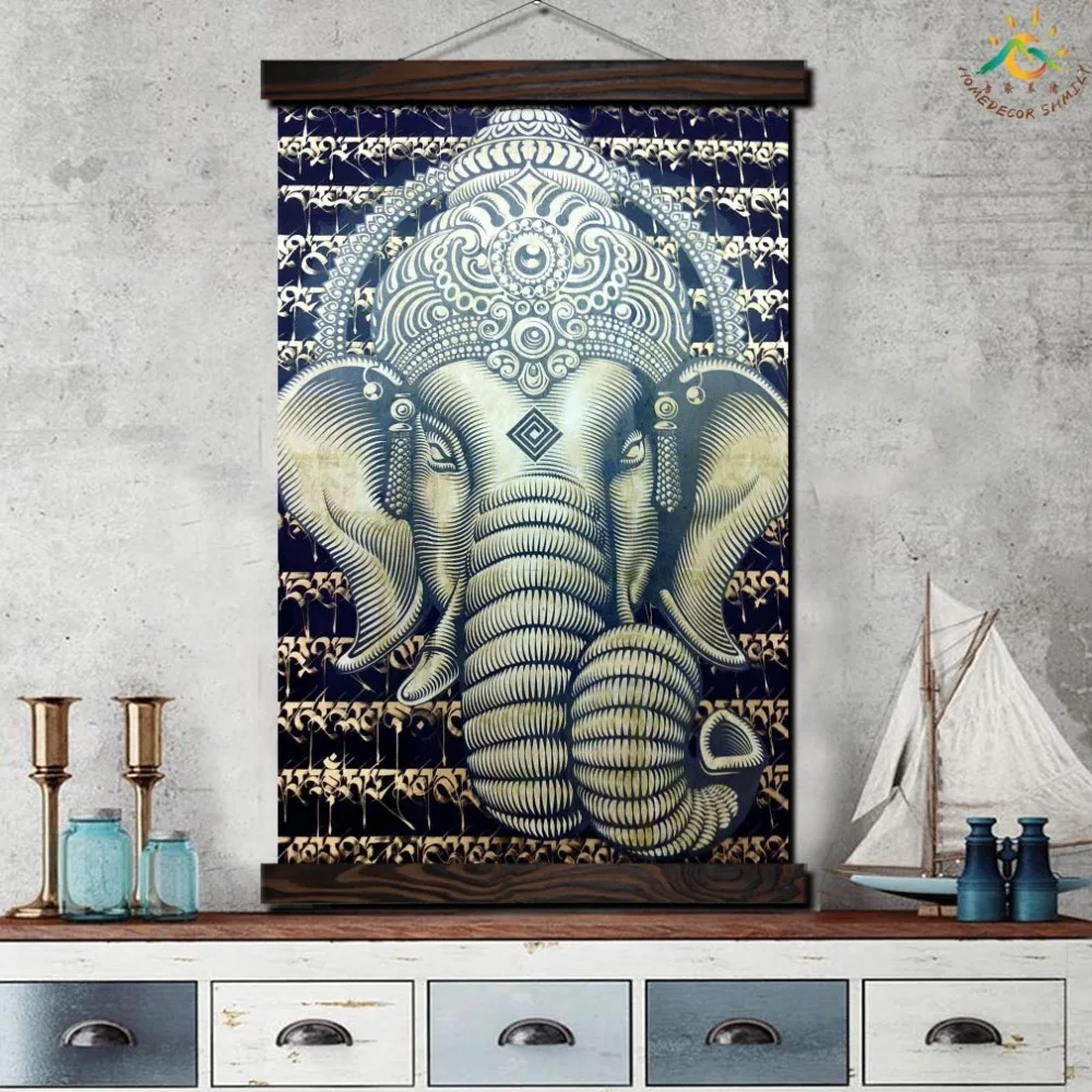 White Elephant Animal Modern Wall Art Print Picture And Poster Solid Wood Hanging Scroll Canvas Painting Home Decor