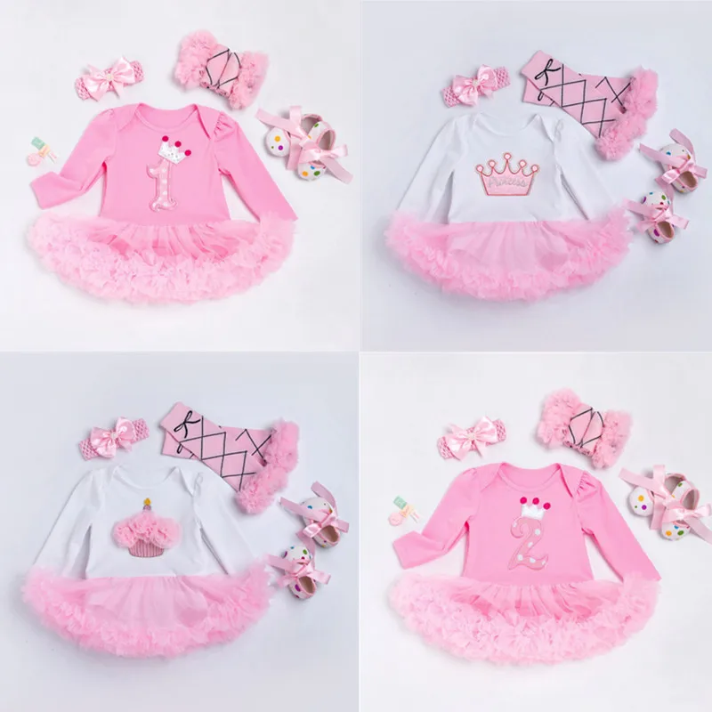 

Hot sale Birthday Baby Costume Newborn Girls Rompers Infant Cake Jumpsuits Dress Cartoon Printed Kids Romper 4 pcs Clothes Set