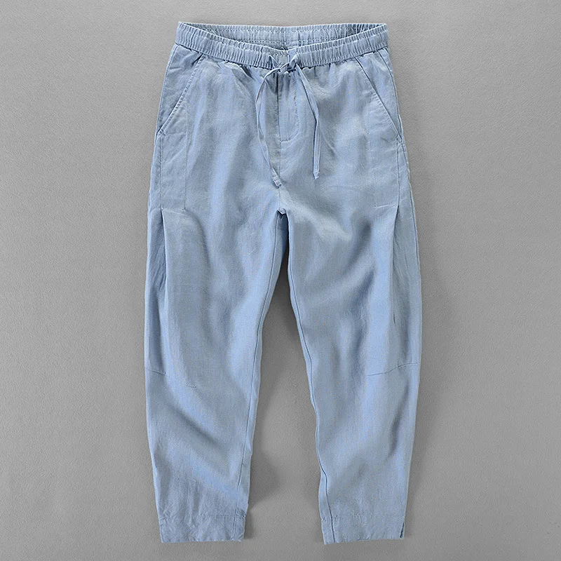 Italy brand pants men linen loose trousers men fashion elastic flax men pants ankle-Length casual trousers mens pantalon 30-40