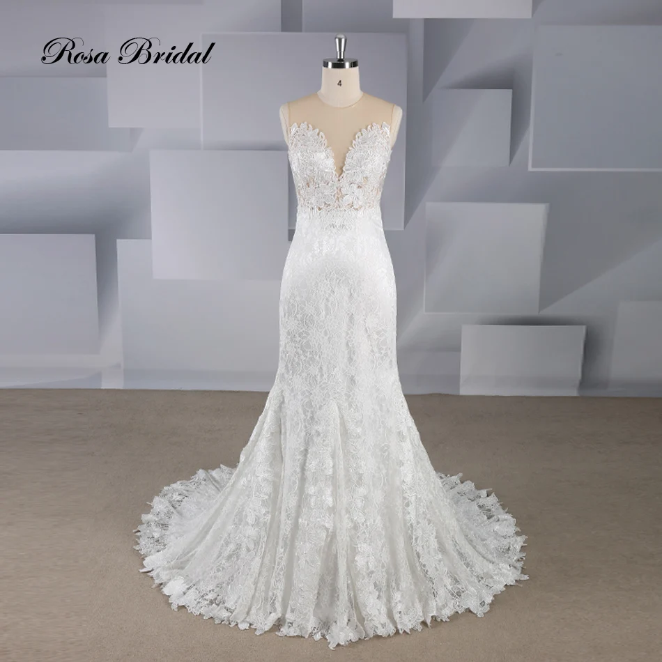 Rosabridal Mermaid wedding dress 2019 New Design O neck Sleeveless beading flower lace on nude tulle blackless Bridal Gown