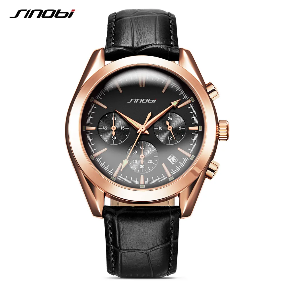 SINOBI Brand Luxury Business Men Watches 42mm Dial Rose Gold Luminous Hands Black Dial Leisure Leather Strap Men\'s Wristwatch