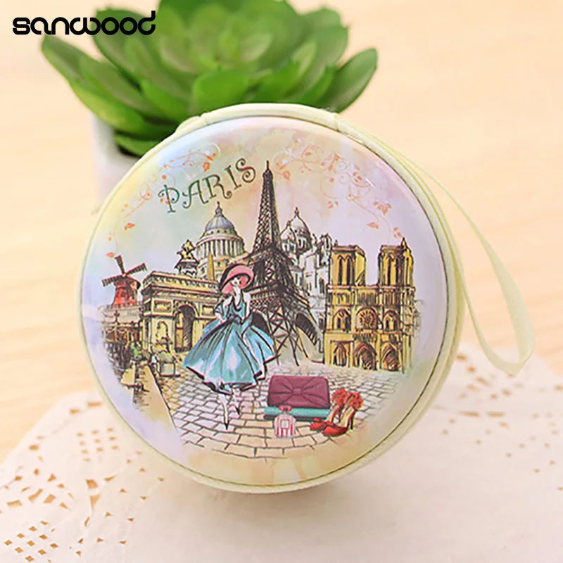 

Portable Lovely Round Wallet Cartoon Eiffel Tower Earphone Key Holder Case Bag