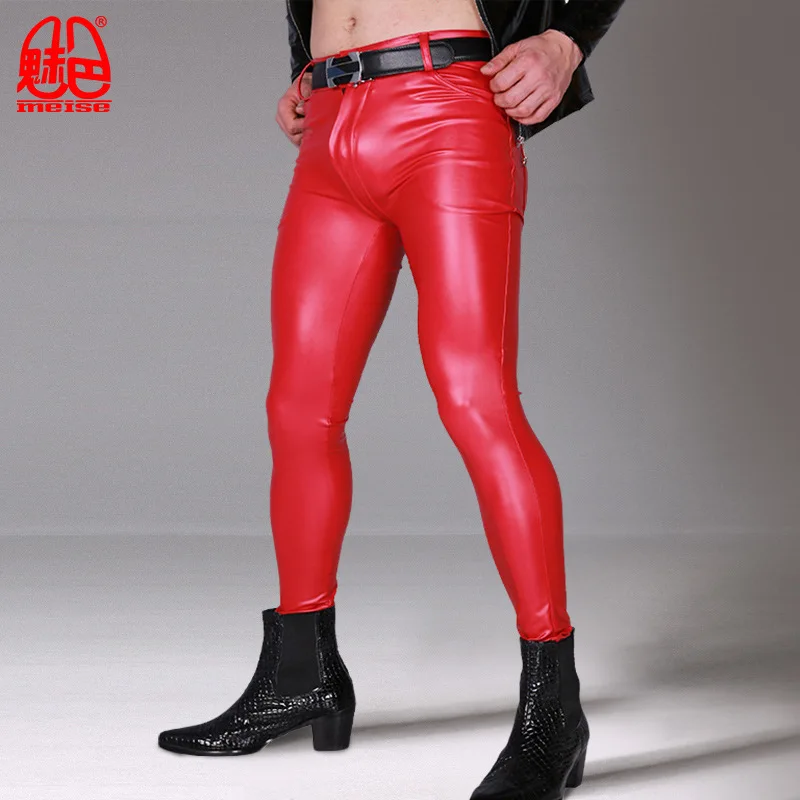 Hot Modis Sexy Men PVC Stage Dance Wear Fetish Faux Leather Pencil Pants  Skinny Pants Legging Gay Club Dance Wear Erotic Shiny