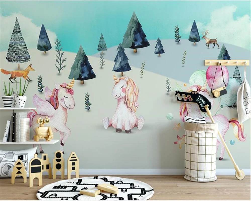 

beibehang Custom three-dimensional wallpaper Nordic simplicity animal forest unicorn hand-painted children's background behang