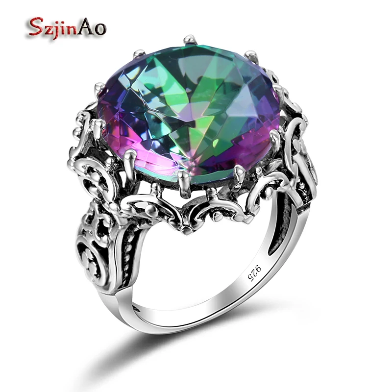 Szjinao wielka tęcza mistyczny Topaz pierścionki dla kobiet prawdziwe 925 Sterling srebrne wesele zaręczyny płatek kwiatu czechy Fine Jewelry