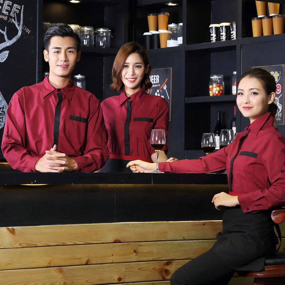 Hotel Waiter Work Clothing Men and Women Long Adjusted Sleeve Print/Embroider DIY Logo Uniform Beer Bar Waitress Shirt+Apron Set