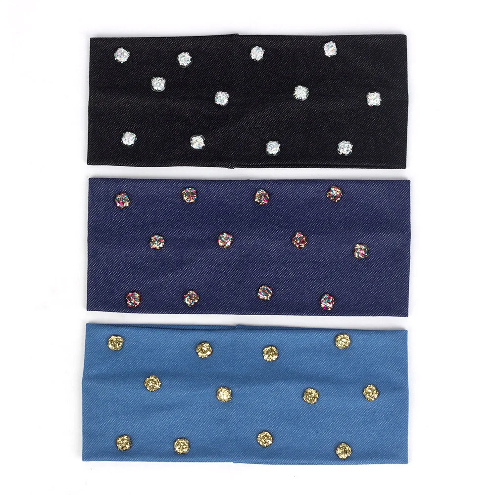 Geebro Women Summer Casual Fashion Headband Resin Sequin Bead Rhinestones Hairband For Girl Female Denim Elastic Hair Accessorie