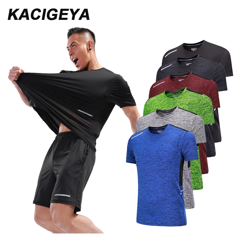 Men Workout Tshirts Quick Dry Short Sleeve Outdoor Training Sportswear Tee Breathable Mesh Running Bodybuilding Shirt