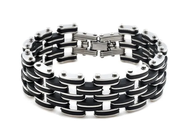 Men\'s Black Cross Silver Color Stainless Steel Rubber Bracelet Cuff Bangle Chain Wristband Jewelry 8.5\