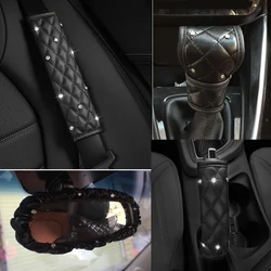 1pc Leather Crystal Diamond Car Gear Shifter Covers Auto Hand Brake Seat Belt Cover Rearview Mirror Cover Interior Accessories