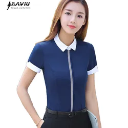 Summer New Women Cotton Shirt Fashion Formal Patchwork Short Sleeve Slim Blouse Office Ladies Elegant Work Tops