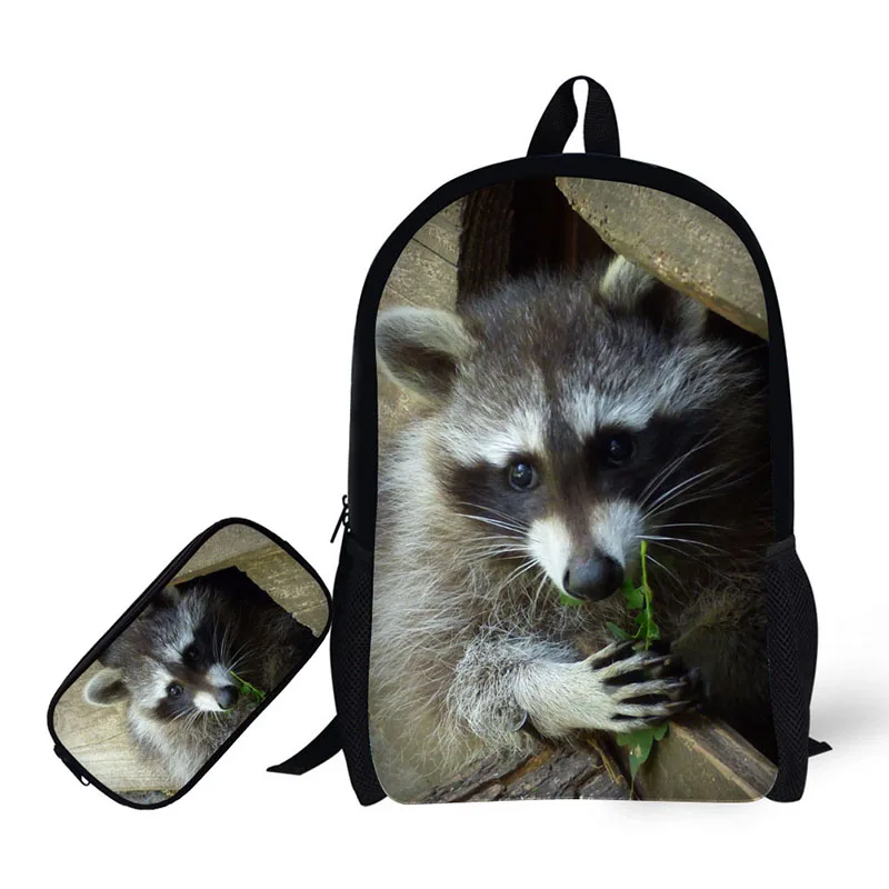 cute raccoon backpack School Bags 2 PCS/ Set Backpack with Pencil Case For Teenager Boys Men Casual Travel Shoulders Bag