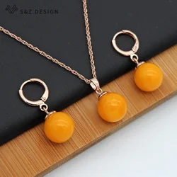 S&Z DESIGN New Fine Round Beeswax 585 Rose Gold Color Dangle Earrings Jewelry Sets For Women Wedding Fashion Pendant Necklace