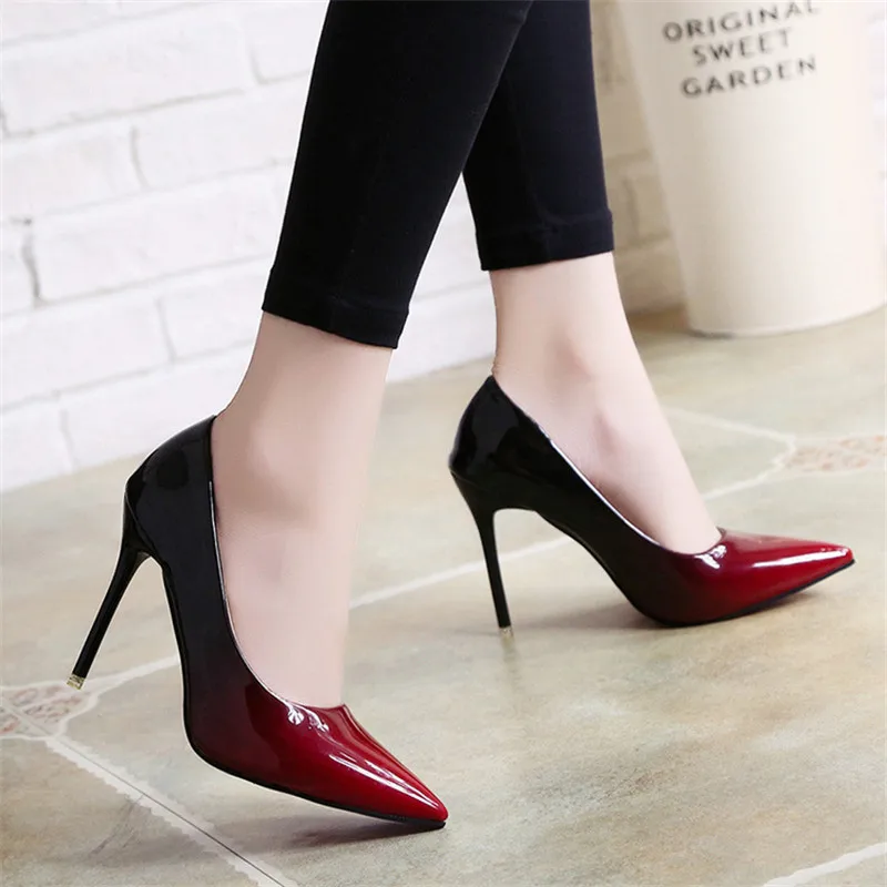 

Plus Size 34-43 Hot Women Shoes Pointed Toe Pumps Patent Leather Dress High Heels Boat Wedding Zapatos Mujer Blue Wine Red